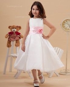Beautiful Bateau Collar A-line Tea-length Ivory Flower Girl Dress