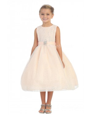 Girls Dress Style 060218 Pearl Pink Tea-length Sequin , Beading Bateau A-line Dress in Choice of Colour