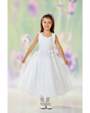 Girls Dress Style 0612018 Ivory Tea-length Hand Made Flower V-neck A-line Dress in Choice of Colour