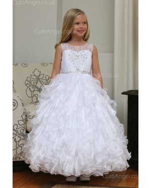 Girls Dress Style 061318 White Floor-length Tiered , Bowknot , Beading Bateau A-line Dress in Choice of Colour