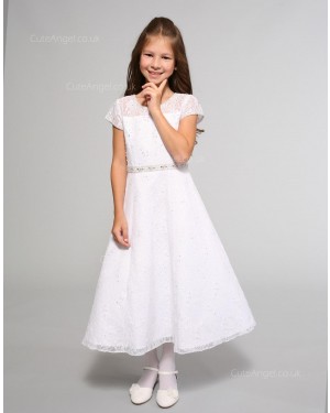 Girls Dress Style 0614218 White Tea-length Beading Round A-line Dress in Choice of Colour