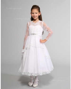 Girls Dress Style 0614418 White Tea-length Lace , Beading V-neck A-line Dress in Choice of Colour