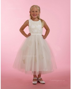 Girls Dress Style 0614618 Champagne Tea-length Lace Bateau A-line Dress in Choice of Colour