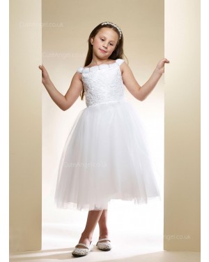 Girls Dress Style 0616118 White Tea-length Lace Bateau A-line Dress in Choice of Colour