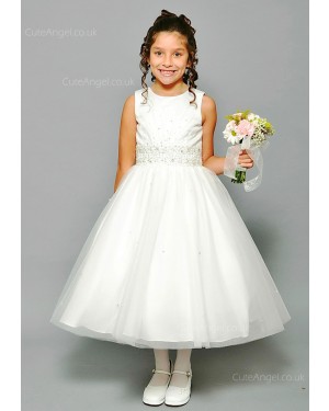 Girls Dress Style 0617918 Ivory Tea-length Beading Round A-line Dress in Choice of Colour