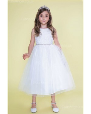 Girls Dress Style 0620318 White Tea-length Beading Bateau A-line Dress in Choice of Colour