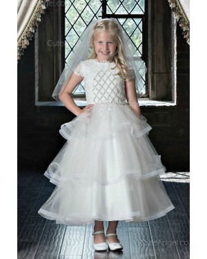 Girls Dress Style 0622518 Ivory Tea-length Applique  A-line Dress in Choice of Colour