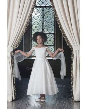 Girls Dress Style 0622718 Ivory Tea-length Applique Bateau A-line Dress in Choice of Colour