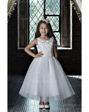 Girls Dress Style 0623418 Ivory Tea-length Beading , Hand Made Flower Bateau A-line Dress in Choice of Colour