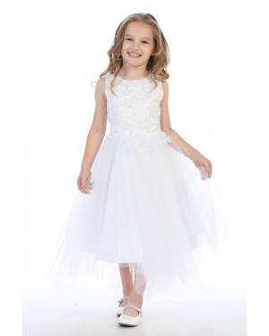 Girls Dress Style 063918 Ivory Tea-length Applique Bateau A-line Dress in Choice of Colour