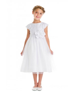 Girls Dress Style 065618 Ivory Tea-length hand Made Flower Round A-line Dress in Choice of Colour