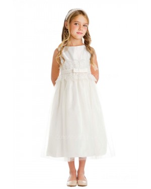 Girls Dress Style 065918 Ivory Tea-length Lace Bateau A-line Dress in Choice of Colour