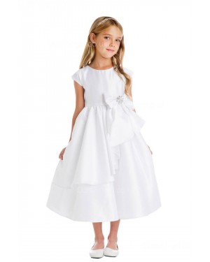 Girls Dress Style 066418 Ivory Tea-length Bowknot , Beading Bateau A-line Dress in Choice of Colour