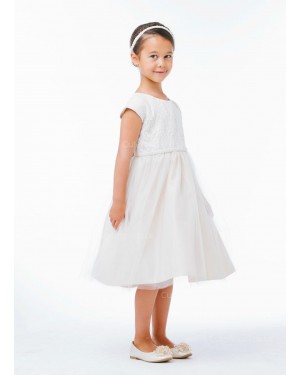 Girls Dress Style 066518 Ivory Tea-length Beading Round A-line Dress in Choice of Colour