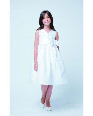 Girls Dress Style 068718 Ivory Knee-Length Bowknot V-neck A-line Dress in Choice of Colour