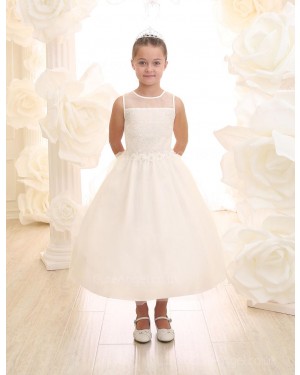 Girls Dress Style 069318 Ivory Tea-length Hand Made Flower , Beading Round A-line Dress in Choice of Colour