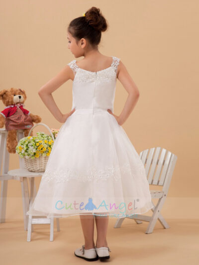 Budget Princess Tea-length Applique Bateau Collar A-line Organza Flower Girl Dress