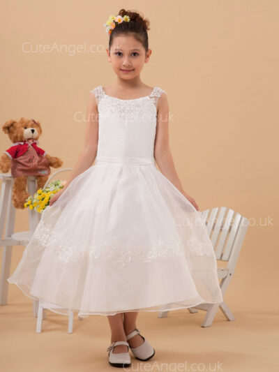 Budget Princess Tea-length Applique Bateau Collar A-line Organza Flower Girl Dress