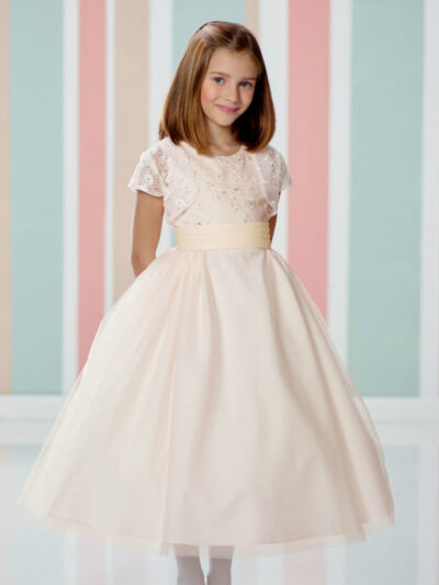 Girls Dress Style 060118 Pearl Pink Tea-length Lace Bateau A-line Dress in Choice of Colour