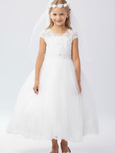 Girls Dress Style 060318 White Tea-length Lace Bateau A-line Dress in Choice of Colour