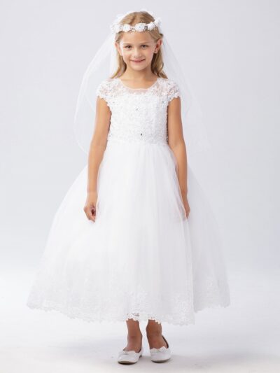 Girls Dress Style 060318 White Tea-length Lace Bateau A-line Dress in Choice of Colour