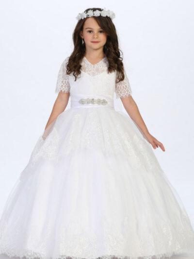 Girls Dress Style 060518 White Floor-length Lace , Bowknot V-neck A-line Dress in Choice of Colour