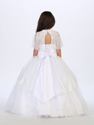 Girls Dress Style 060518 White Floor-length Lace , Bowknot V-neck A-line Dress in Choice of Colour