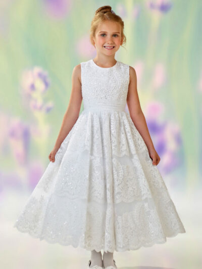 Girls Dress Style 0611018 Ivory Ankle Length Lace Round A-line Dress in Choice of Colour