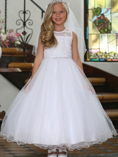 Girls Dress Style 061118 White Ankle Length Beading , Bowknot Round A-line Dress in Choice of Colour