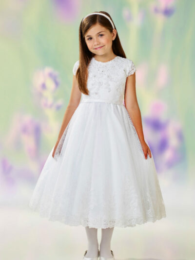 Girls Dress Style 0611218 Ivory Tea-length Lace Round A-line Dress in Choice of Colour