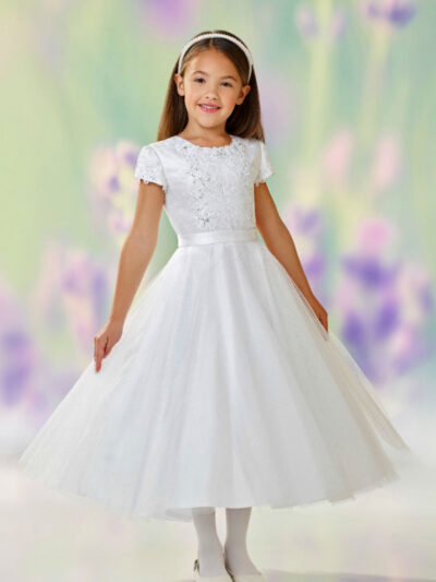 Girls Dress Style 0611318 Ivory Tea-length Lace , Beading , Applique Round A-line Dress in Choice of Colour