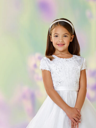 Girls Dress Style 0611318 Ivory Tea-length Lace , Beading , Applique Round A-line Dress in Choice of Colour