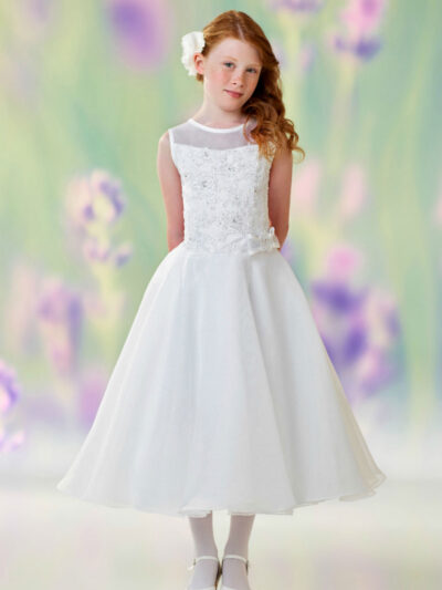 Girls Dress Style 0611718 Ivory Tea-length Lace , Beading , Applique Round A-line Dress in Choice of Colour
