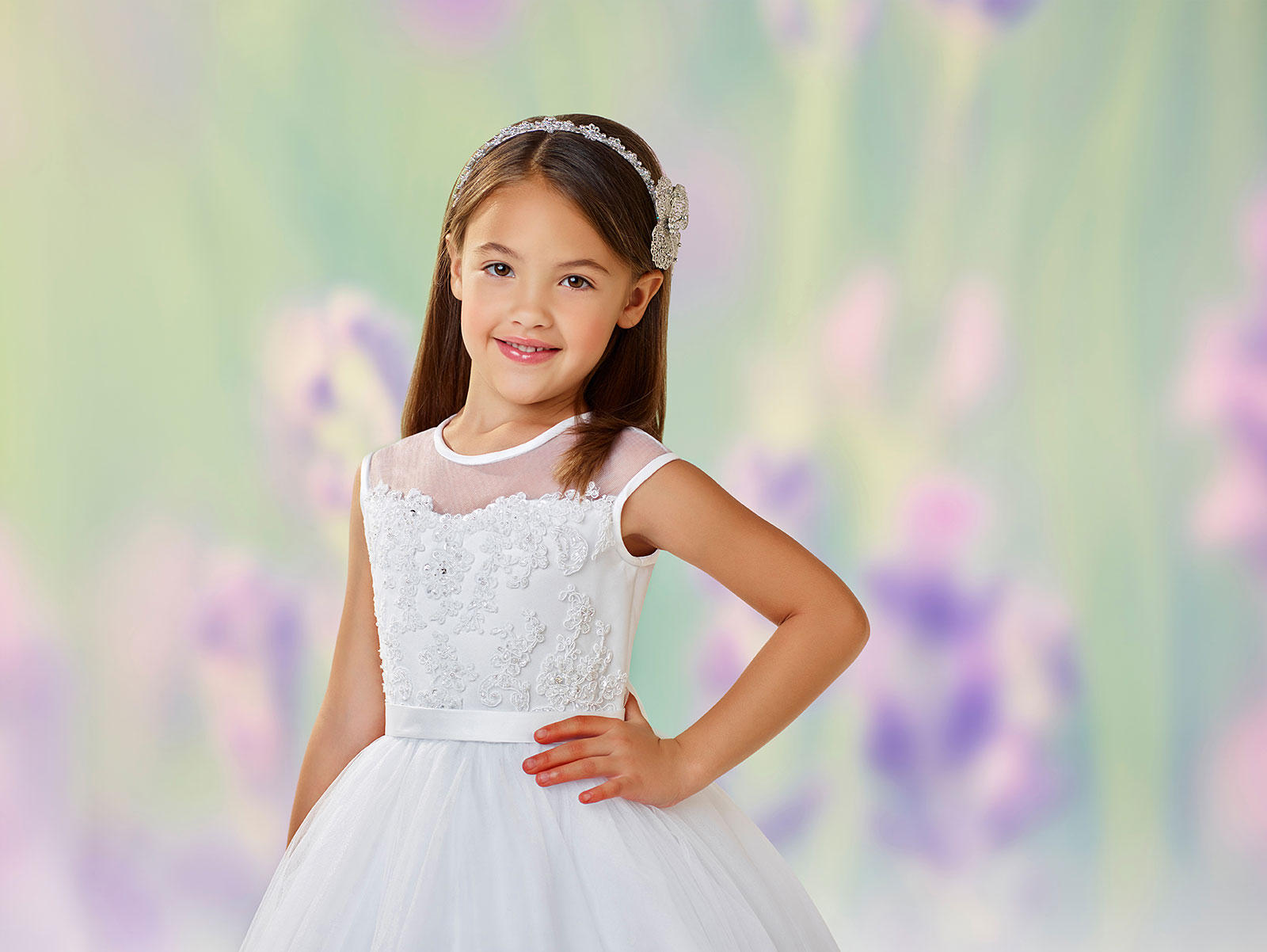 Girls Dress Style 0611918 Ivory Floor-length Lace , Beading , Applique Round Ball Gown Dress in Choice of Colour