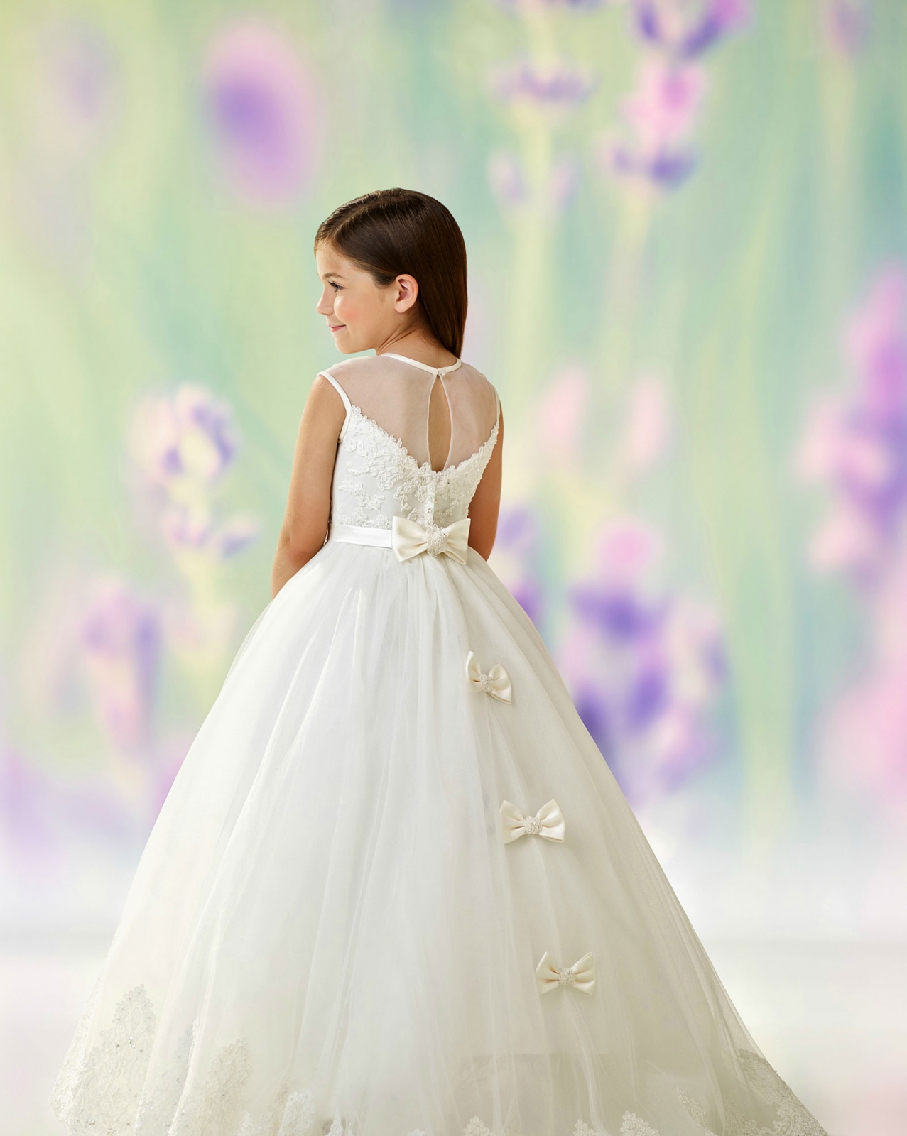 Girls Dress Style 0611918 Ivory Floor-length Lace , Beading , Applique Round Ball Gown Dress in Choice of Colour