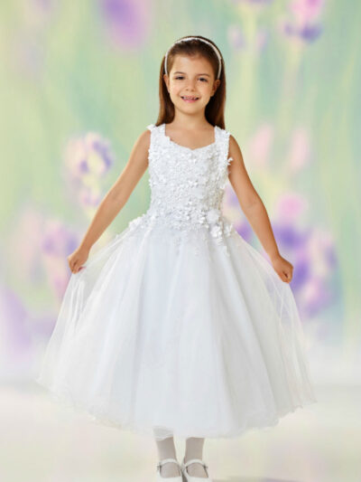 Girls Dress Style 0612018 Ivory Tea-length Hand Made Flower V-neck A-line Dress in Choice of Colour