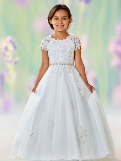 Girls Dress Style 0612518 Ivory Floor-length Lace , Beading , Applique Round A-line Dress in Choice of Colour