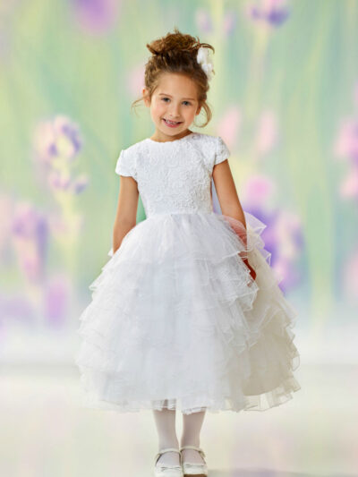 Girls Dress Style 0612818 Ivory Tea-length Lace , Tiered Round Ball Gown Dress in Choice of Colour