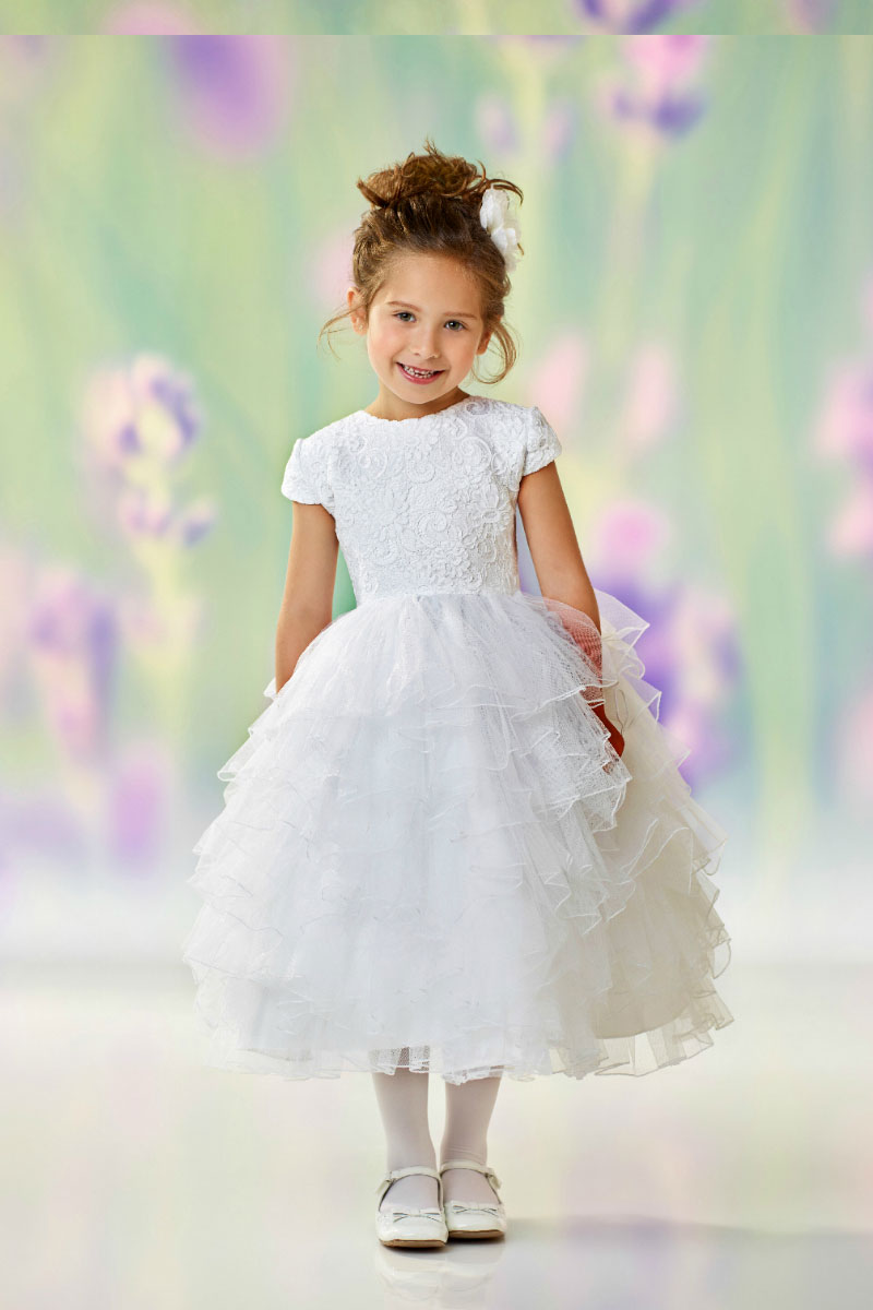 Girls Dress Style 0612818 Ivory Tea-length Lace , Tiered Round Ball Gown Dress in Choice of Colour