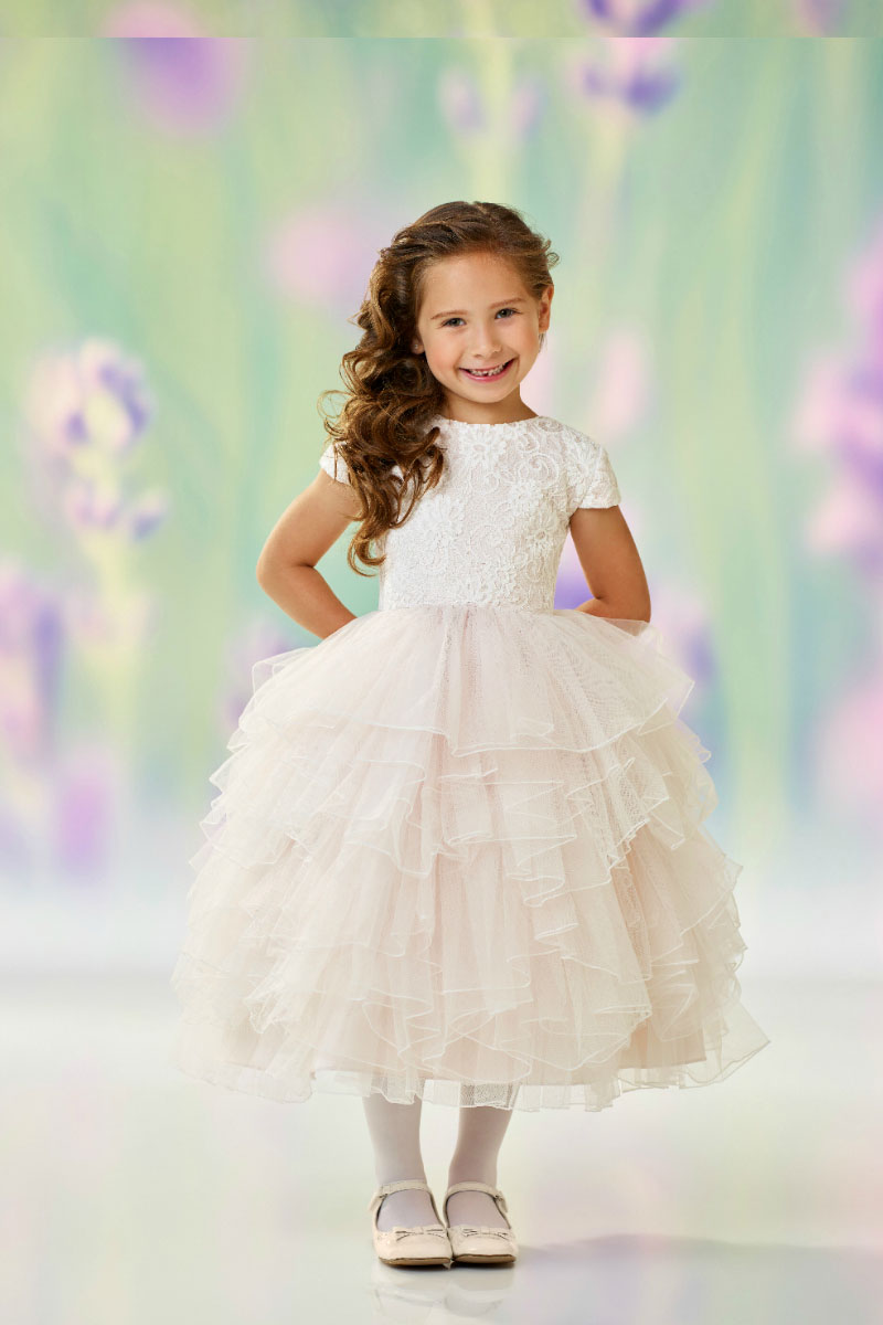 Girls Dress Style 0612818 Ivory Tea-length Lace , Tiered Round Ball Gown Dress in Choice of Colour