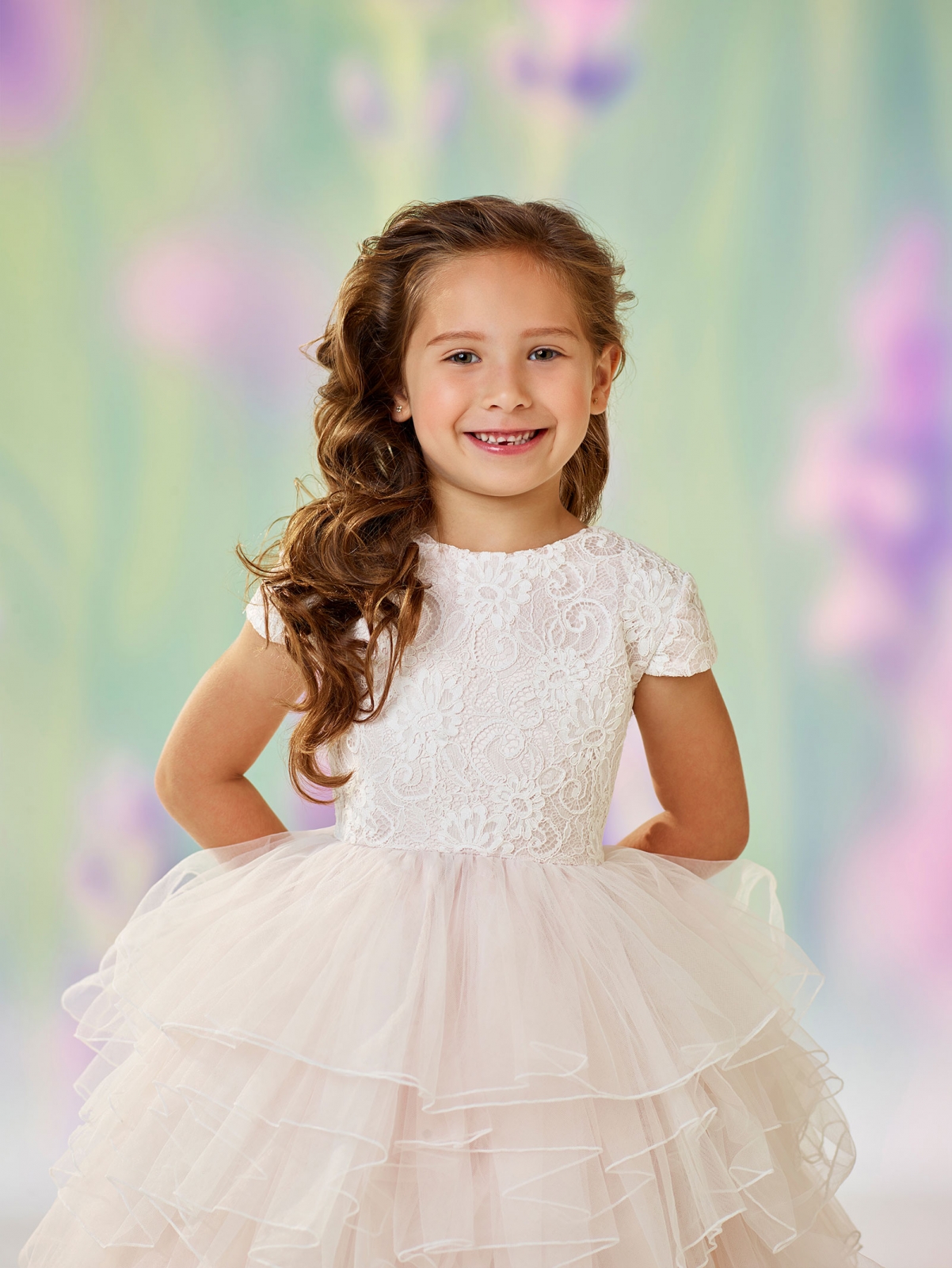 Girls Dress Style 0612818 Ivory Tea-length Lace , Tiered Round Ball Gown Dress in Choice of Colour