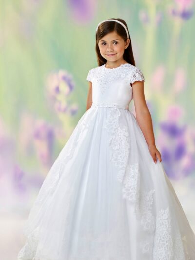 Girls Dress Style 0612918 Ivory Floor-length Lace , Beading , Applique Round A-line Dress in Choice of Colour
