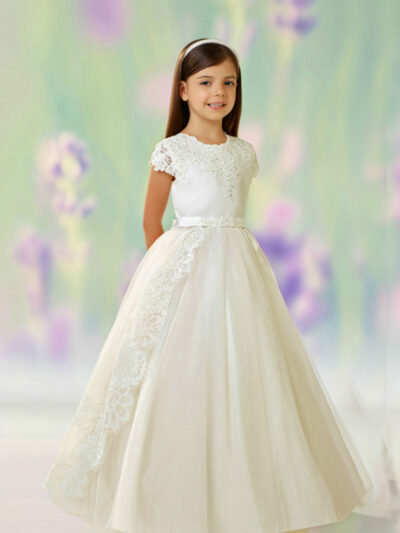 Girls Dress Style 0613018 Champagne Floor-length Lace , Beading , Applique Round A-line Dress in Choice of Colour