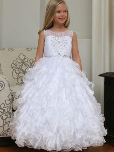 Girls Dress Style 061318 White Floor-length Tiered , Bowknot , Beading Bateau A-line Dress in Choice of Colour