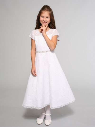 Girls Dress Style 0614218 White Tea-length Beading Round A-line Dress in Choice of Colour