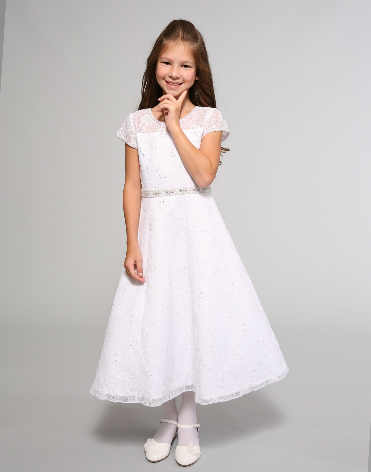 Girls Dress Style 0614218 White Tea-length Beading Round A-line Dress in Choice of Colour