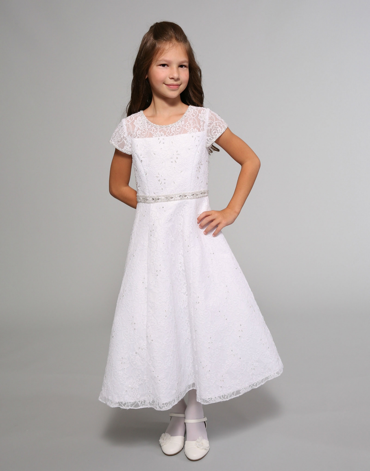 Girls Dress Style 0614218 White Tea-length Beading Round A-line Dress in Choice of Colour