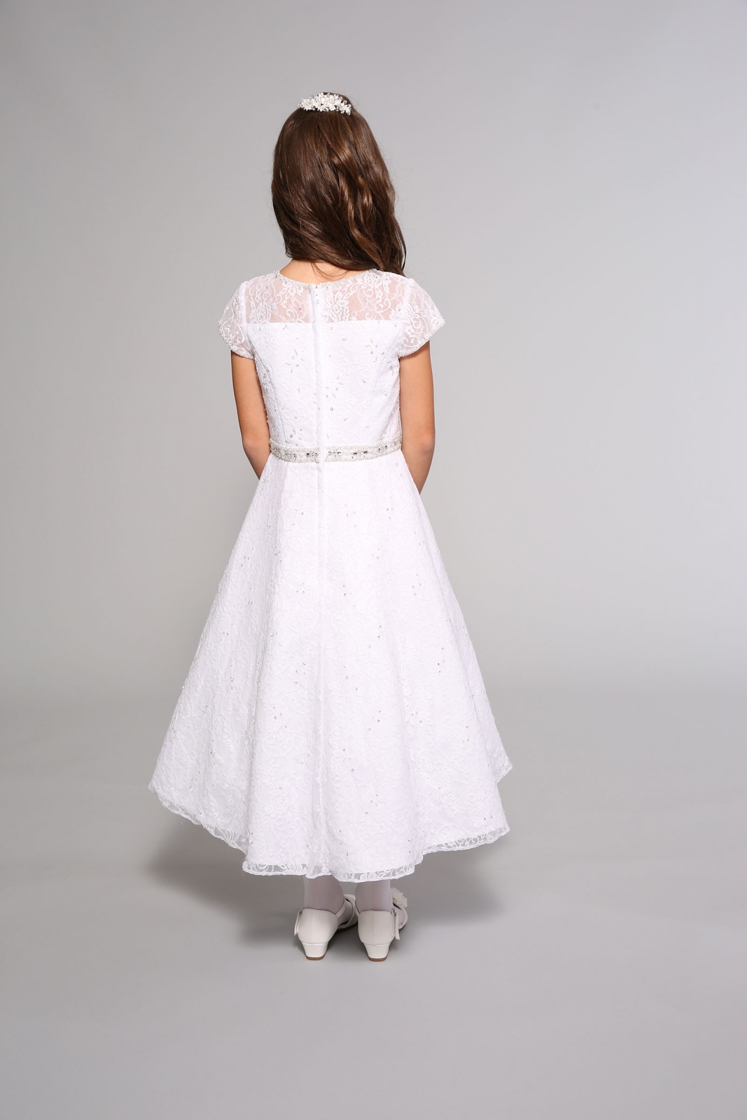 Girls Dress Style 0614218 White Tea-length Beading Round A-line Dress in Choice of Colour