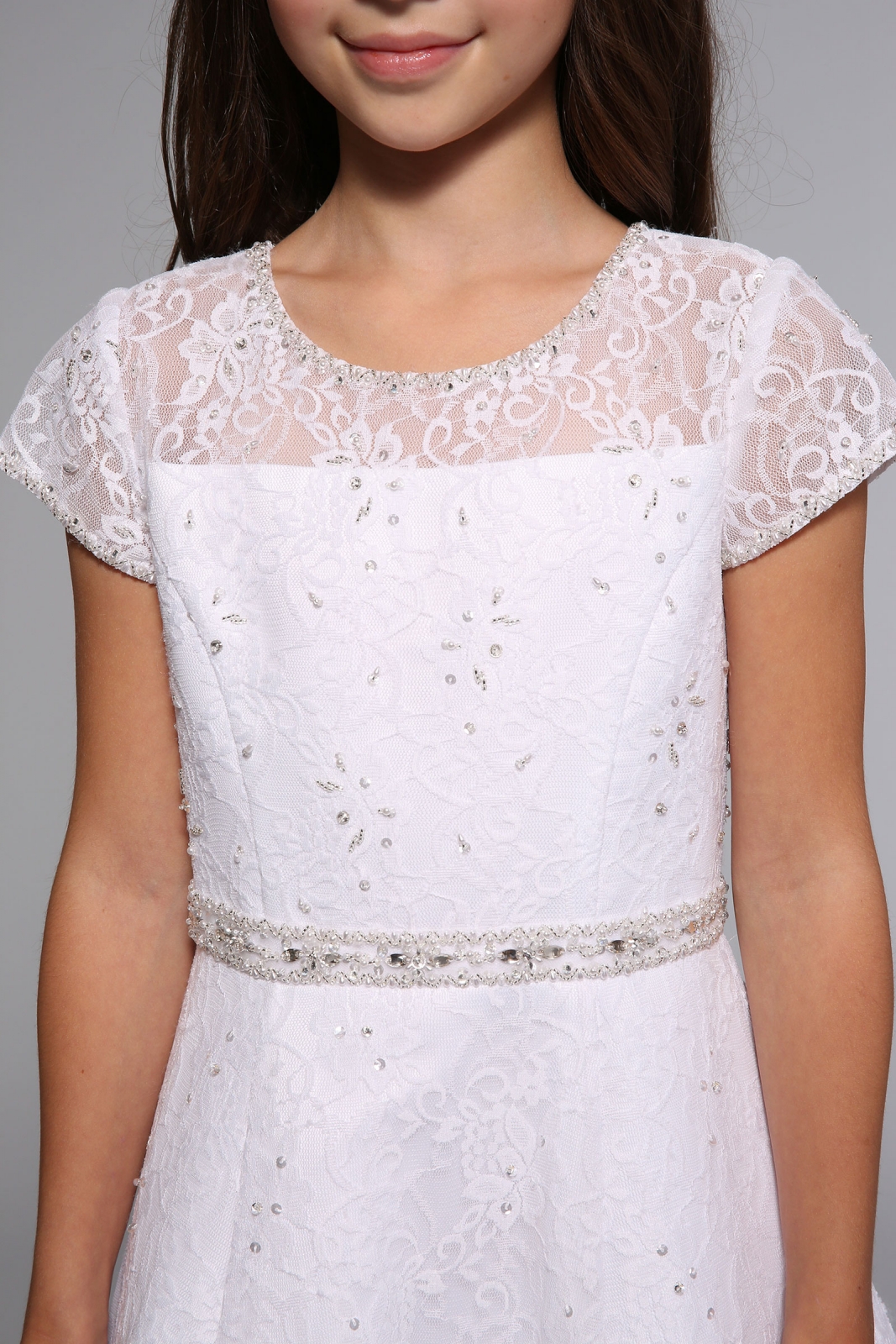 Girls Dress Style 0614218 White Tea-length Beading Round A-line Dress in Choice of Colour