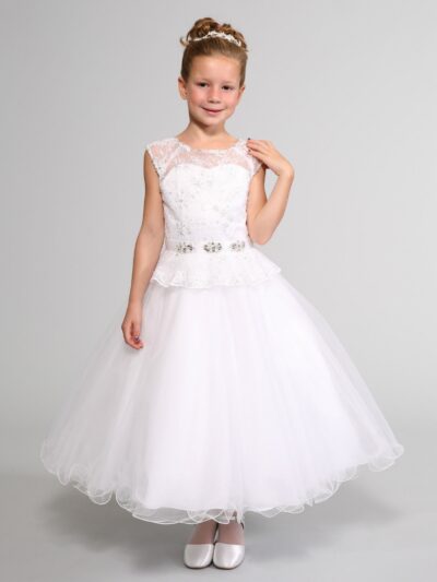 Girls Dress Style 0614318 White Ankle Length Lace , Beading Bateau A-line Dress in Choice of Colour